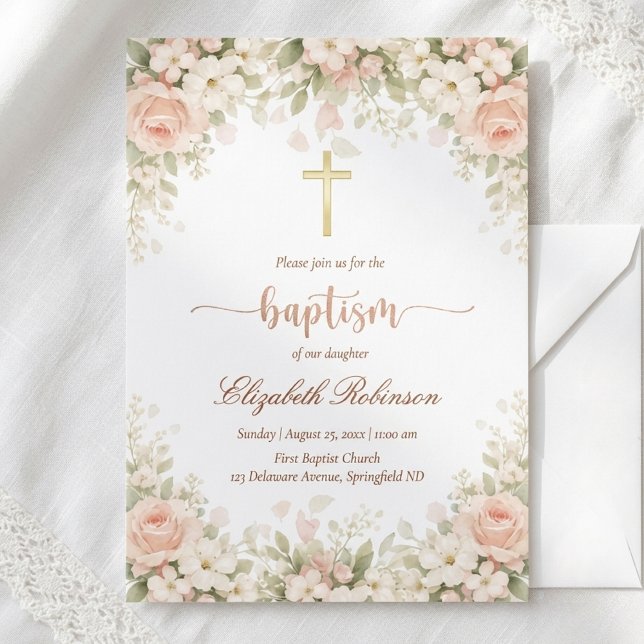 Invitation Elegant Blush Pink Floral Gold Cross Baptism (Créateur téléchargé)
