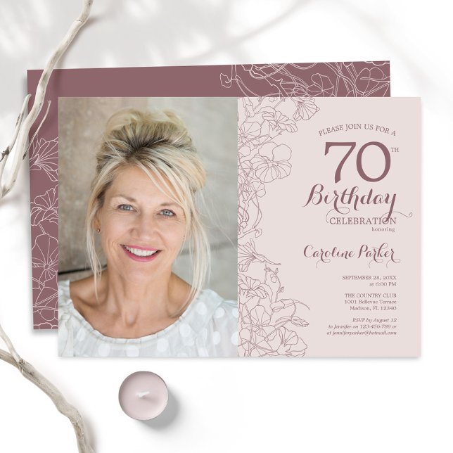 Invitation Elégant Blush Pink Floral Photo 70e anniversaire (Créateur téléchargé)