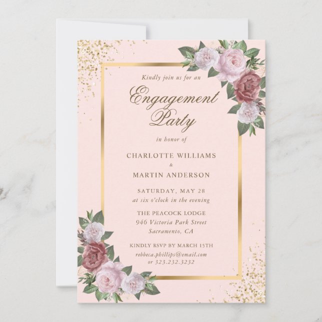 Invitation Élégant Blush Pink Gold Floral Party (Devant)