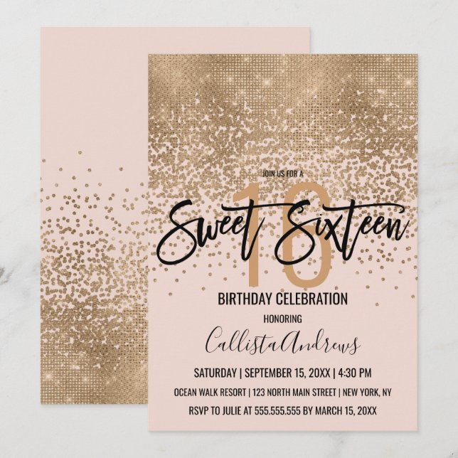 Invitation Elégant Blush Pink Gold Parties scintillant Confet (Devant / Derrière)