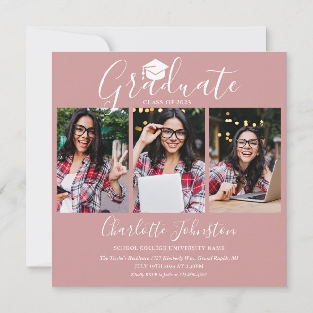 Invitation Élégant Blush Pink Script 4 Photo Graduation (Devant)