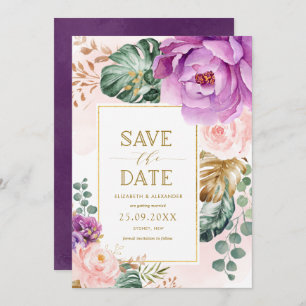 Invitation Élégant Blush Purple Flore tropicale Sauvez la dat