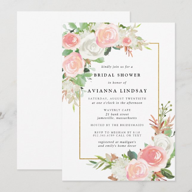 Invitation Élégant Blush Rose Blanc Floral Mondial (Devant / Derrière)