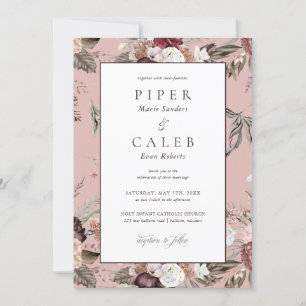 Invitation Elégant Blush rose Bourgogne Mariage floral Invita