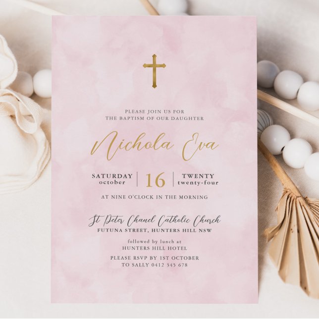 Invitation Élégant Blush Rose Croix d'or filles Baptême (Pink Watercolour Baptism Invitation)