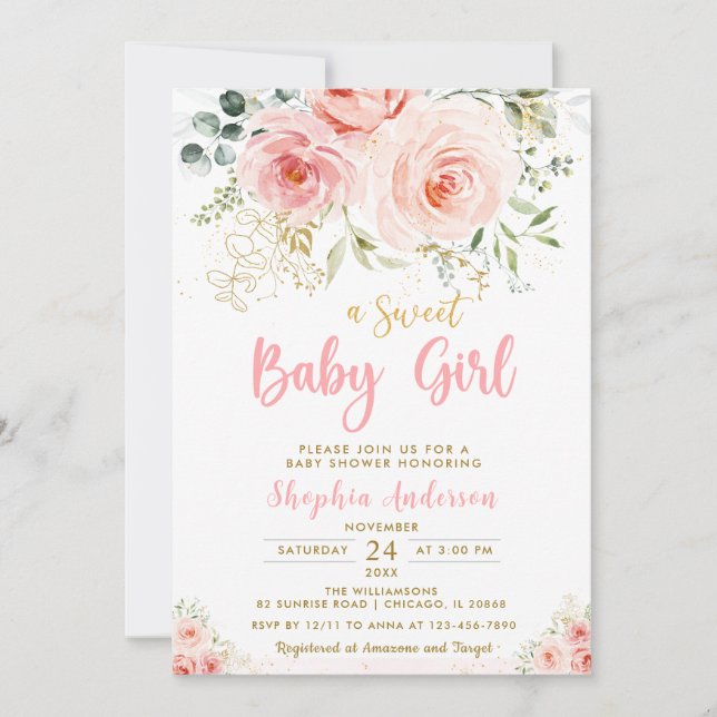 Invitation Élégant Blush rose Floral Baby shower fille or (Devant)