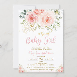 Invitation Élégant Blush rose Floral Baby shower fille or