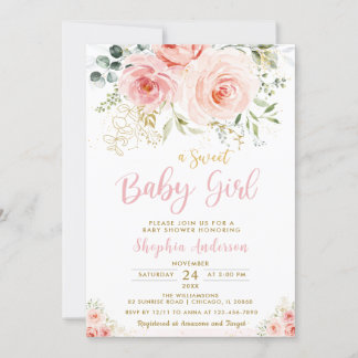 Invitation Élégant Blush rose Floral Baby shower fille or