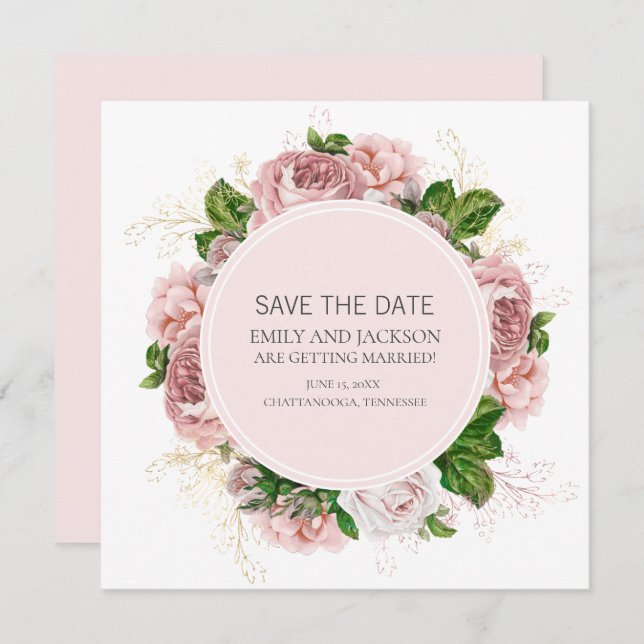 Invitation Élégant Blush Rose Floral Blanc Mariage Date de sa (Devant / Derrière)