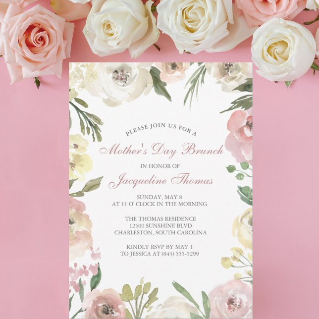 Invitation Elégant Blush rose Floral Fête des Mères Brunch (Créateur téléchargé)