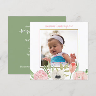Invitation Elégant Blush rose Floral Frame Baby 1er anniversa