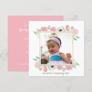 Invitation Elégant Blush rose Floral Frame Baby 1er anniversa