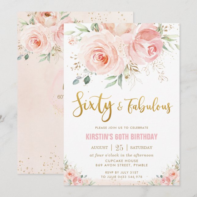 Invitation Élégant Blush Rose Floral Gold 60 et Fabulous (Devant / Derrière)