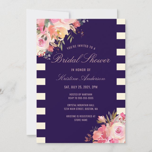 Invitation Élégant Blush Rose Floral Navy Bleu Stripes (Devant)