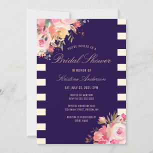 Invitation Élégant Blush Rose Floral Navy Bleu Stripes