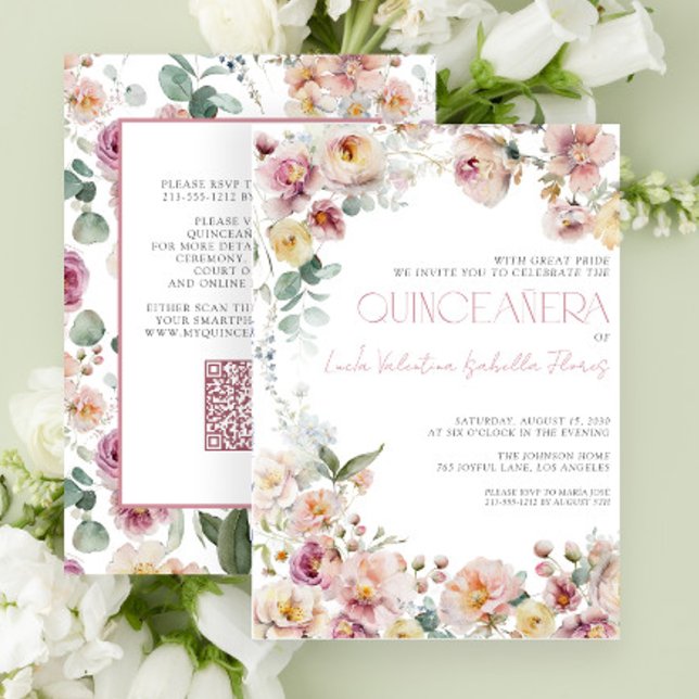 Invitation Élégant Blush rose Floral QR Quinceañera (Créateur téléchargé)