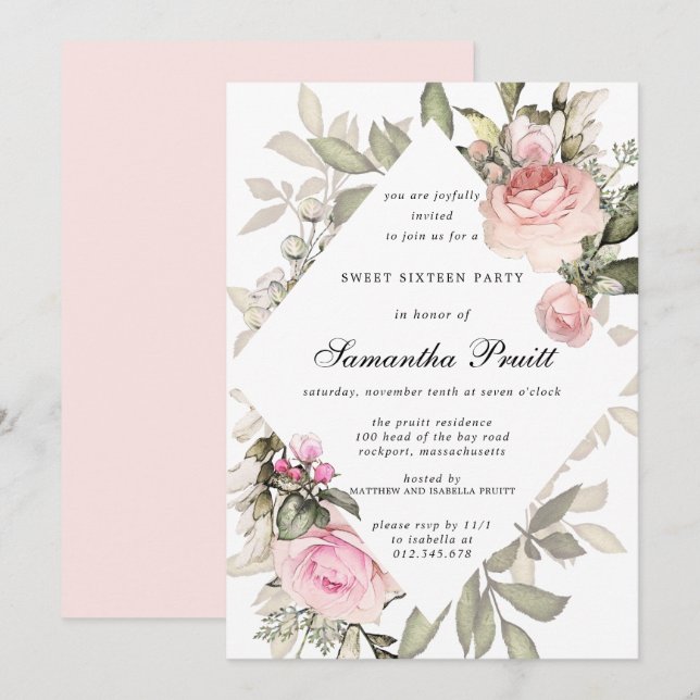 Invitation Élégant Blush Rose Floral Sweet 16 (Devant / Derrière)