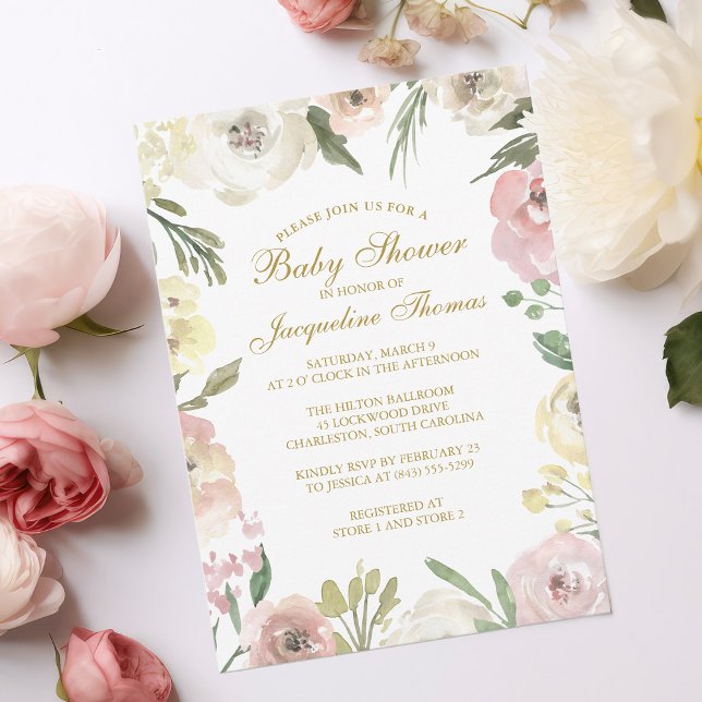Invitation Elégant Blush Rose Or Floral Baby Girl Douche (Créateur téléchargé)
