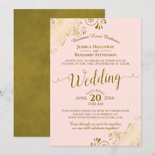 Invitation Elégant Blush rose & Or Mariage Livestream