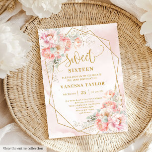 Invitation Élégant Blush Rose Sage Or Floral Sweet 16