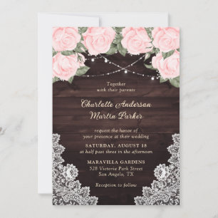 Invitation Élégant Blush Rustic Bois dentelle Mariage floral
