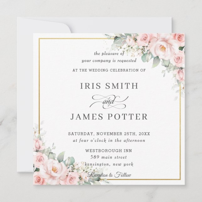 Invitation Élégant Blush Soft Rose Floral Mariage Carré or (Devant)