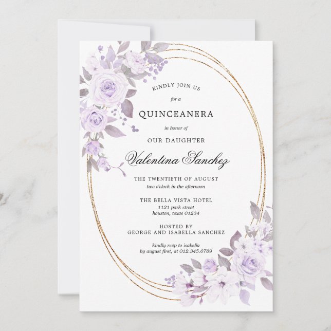 Invitation Élégant Blush violet Rose Quinceanera (Devant)
