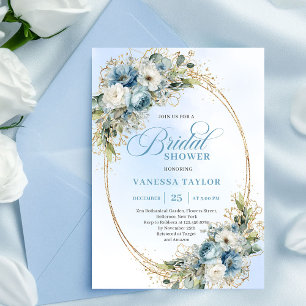 Invitation Élégant Bohème Fleurs Bleu Poussiéreux Mariage Dor