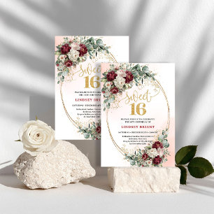Invitation Élégant Bohème Rouge Foncé Pivoine Sweet 16 Annive