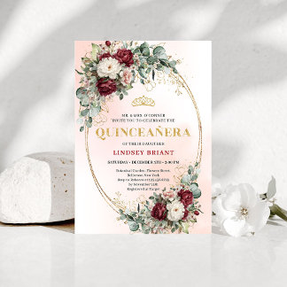 Invitation Elegant Bohemian Burgundy Floral Gold Quinceañera