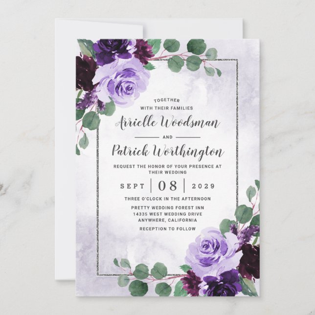 Invitation Elégant Boho Airy Floral Purple et Mariage Argent (Devant)