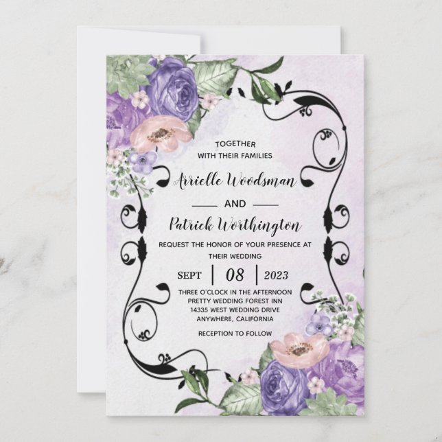 Invitation # Elegant Boho Airy Floral Purple & Silver Mariage (Devant)