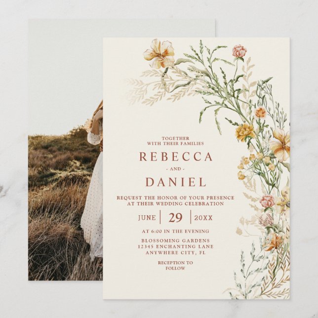 Invitation Elégant Boho Beige Floral Mariage Photo (Devant / Derrière)