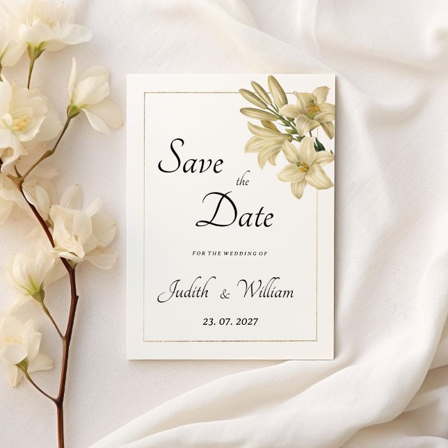Invitation Elégant boho blanc linly floral or Enregistrer la  (Elegant boho white gold floral lily Save the Date)