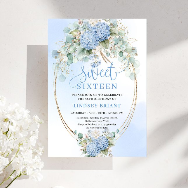 Invitation Elegant Boho Blue Hydrangeas Sweet Sixteen Invite (Elegant Boho Blue Hydrangeas Sweet Sixteen Invite)