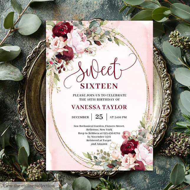 Invitation Elegant Boho Blush Burgundy Floral Sweet Sixteen  (Elegant Boho Blush Burgundy Floral Sweet Sixteen Invite

)