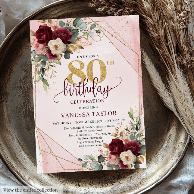 Invitation Elégant boho bordeaux roses or 80e anniversaire (Elegant boho burgundy gold roses 80th birthday invite

)