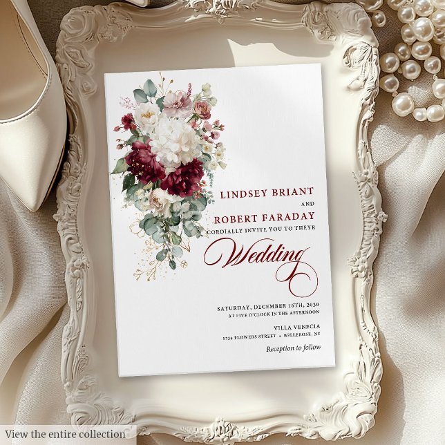 Invitation Elégant Boho Bourgogne Blanc Floral Mariage Invita (Elegant Boho Burgundy White Floral Wedding Invite)