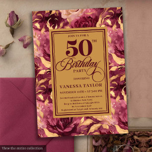 Invitation Elégant Boho Bourgogne Gold Floral 50e anniversair