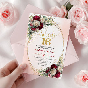 Invitation Élégant Boho Bourgogne Or Floral Sweet Seize Ans 