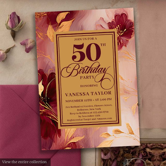 Invitation Elégant Boho Burgundy Blush Gold Roses 50e Anniver (Elegant Boho Burgundy Blush Gold Roses 50th Birthday Invitation)