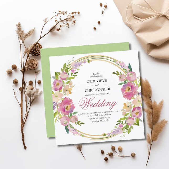 Invitation Élégant Boho de printemps Floral Carré Mariage or (Elegant Spring Floral Boho Wildflowers Square Wedding Invitation)
