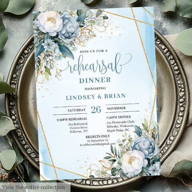 Invitation Élégant Boho Dusty Blue Eucalyptus Gold Rehearal (Elegant Dusty Blue Eucalyptus Gold Rehearsal Invite)