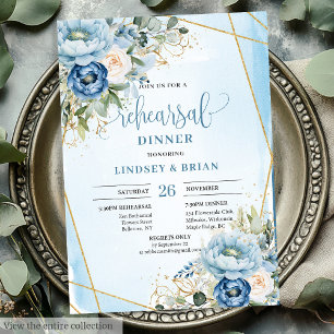 Invitation Élégant Boho Dusty Blue Floral Gold Rehearal