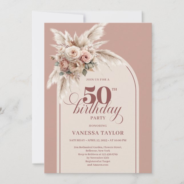 Invitation Elegant Boho Dusty Pink Pampas Floral 50 Birthday (Devant)