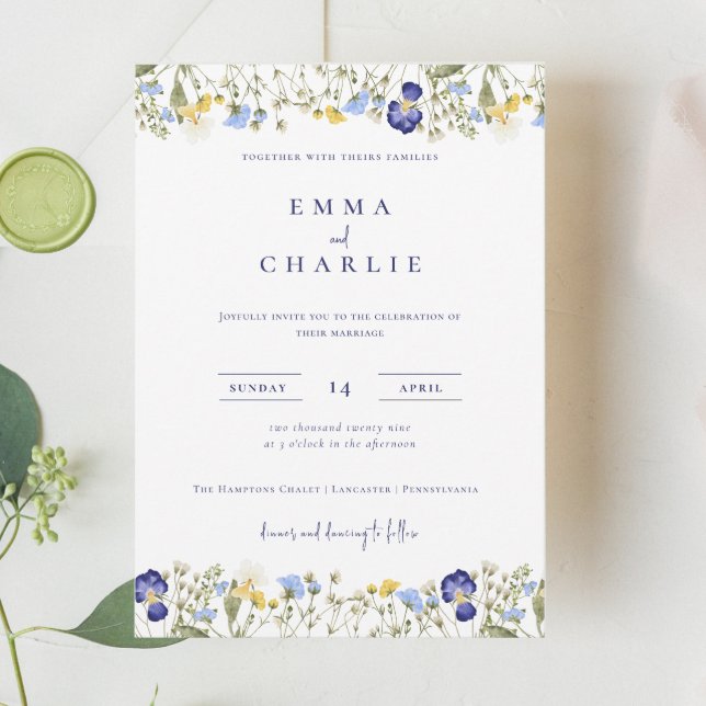 Invitation Elegant Boho Fleur sauvage bleu Mariage de script (Créateur téléchargé)