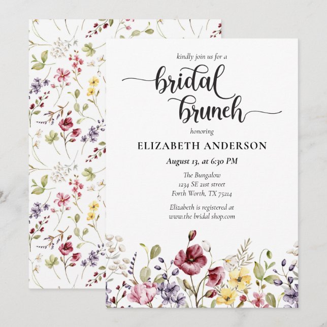 Invitation Elegant Boho Fleur sauvage Fête des mariées Brunch (Devant / Derrière)