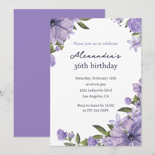 Invitation Elégant Boho Floral Aquarelle 36e anniversaire (Devant / Derrière)