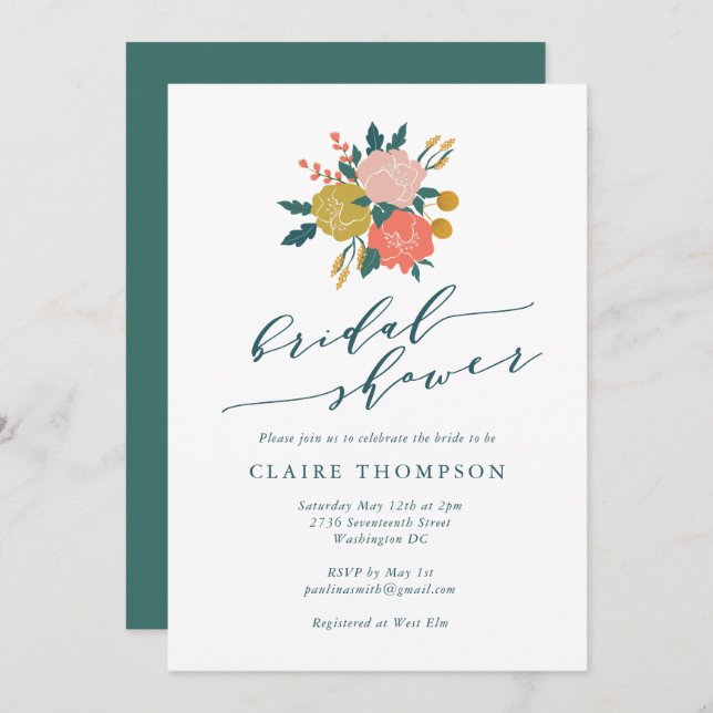 Invitation Elégant Boho Floral Art Fête des mariées simple (Devant / Derrière)