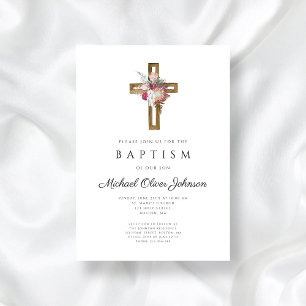 Invitation Élégant Boho Floral Cross Baptism